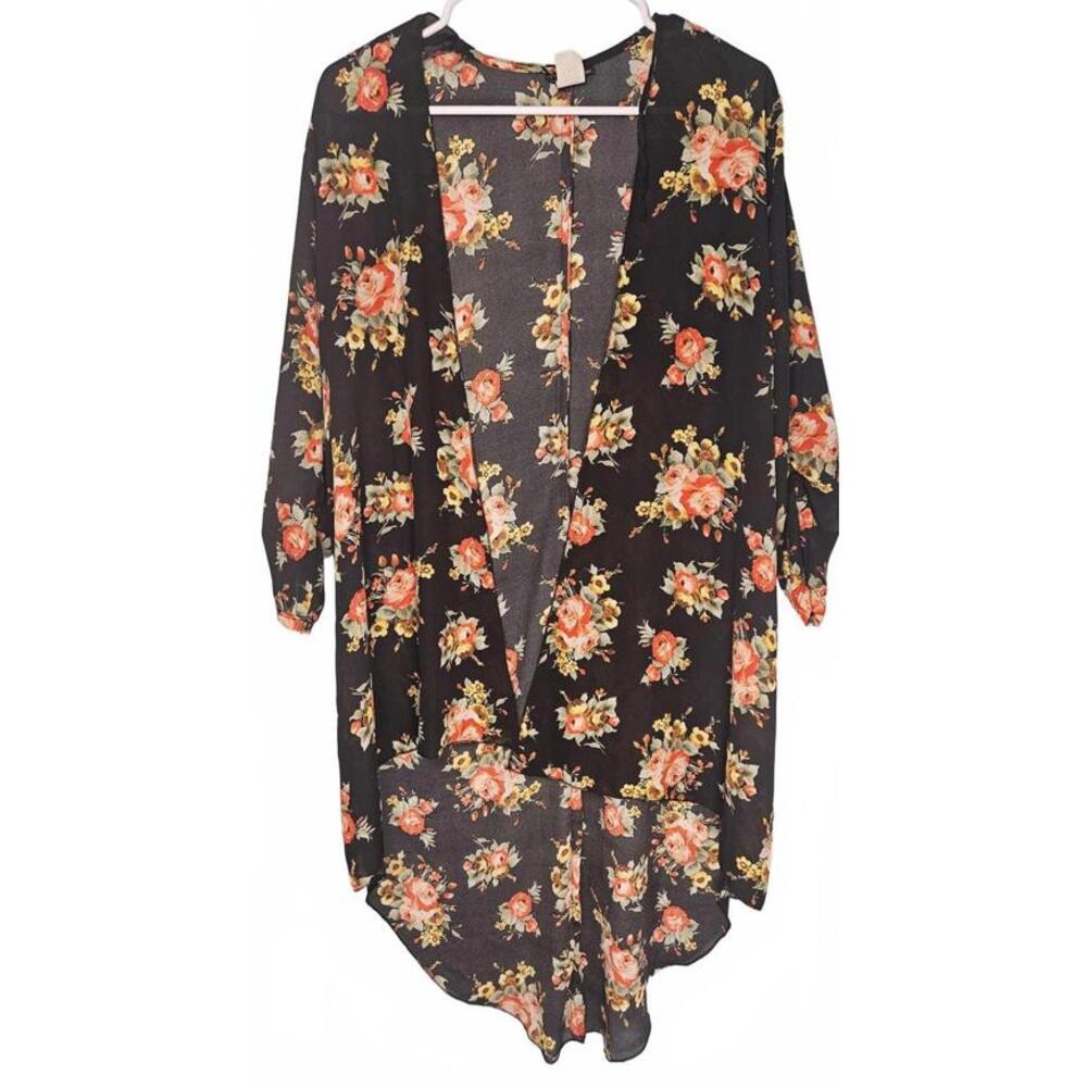Floral Boho Kimono Topper Large Lightweight High Low Open Front Flowy‎ Romantic